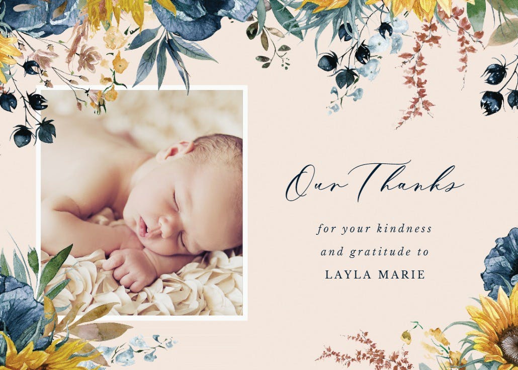 Sunflower and blue - baby shower thank you card